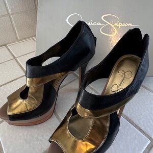 Jessica Simpson Black and Gold Cutout High-Heel Sandals